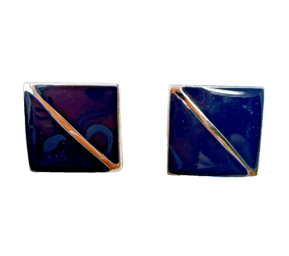 Vintage Blue Enamel Square Stud Earrings Gold Tone Diagonal Line Retro .75